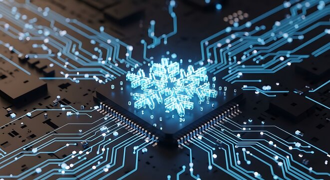 The digital snowflake on a processor symbolizes the integration of technology and winter, representing the cold seasons influence on computing