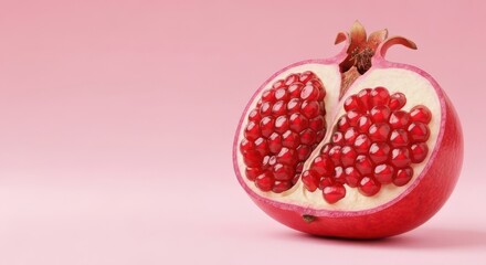 Juicy half pomegranate fruit with red seeds on a soft pink background close-up