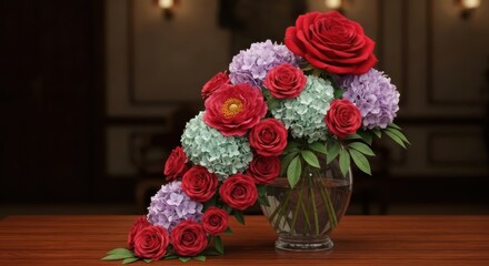 Vibrant mixed flower arrangement with roses and hydrangeas in a decorative vase