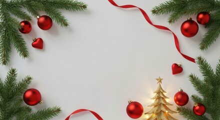 Festive christmas garland frame with red baubles fir branches and lights copy space