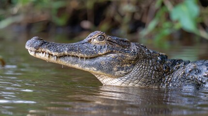 Fototapeta premium Powerful alligator emerges from murky swamp waters, revealing textured scales and piercing reptilian eye in a close-up wildlife portrait of prehistoric predator