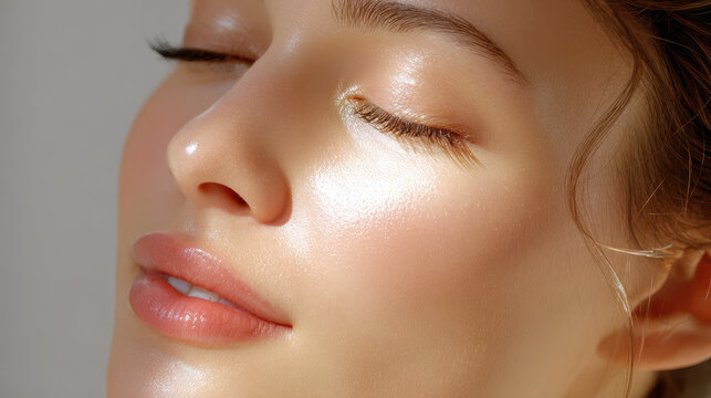 Close-up of a young woman&rsquo;s face with radiant skin and soft features, eyes closed, showcasing natural beauty and glow