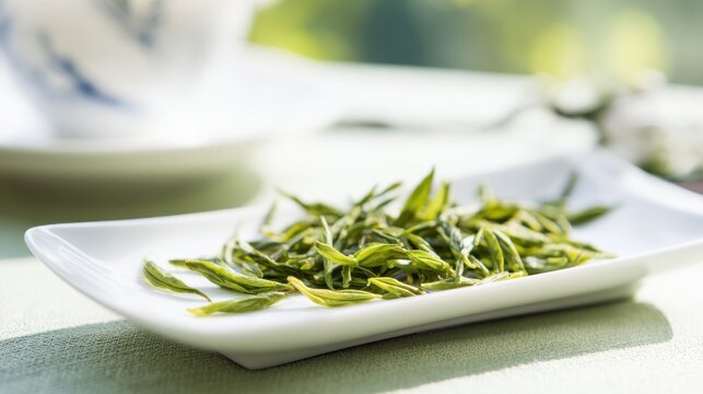 shallow. Fresh green tea leaves on a white plate with natural daylight and soft focus. menu design, packaging mockups, designed for culinary blogs and recipe cards for restaurants.