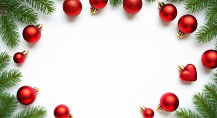 Festive christmas frame with red ornaments and green fir branches copy space