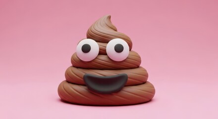Funny cartoon poop emoji character with googly eyes and tongue out against a pink background