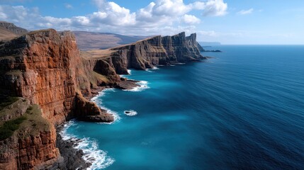 Obraz premium Dramatic Rocky Cliffs Overlooking Deep Blue Ocean Under a Bright Sunny Sky with Wispy Clouds
