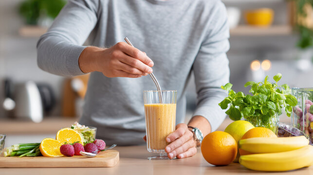 Fresh smoothie preparation at home with fruits and herbs on a kitchen counter, showcasing healthy living and vibrant ingredients - Powered by Adobe