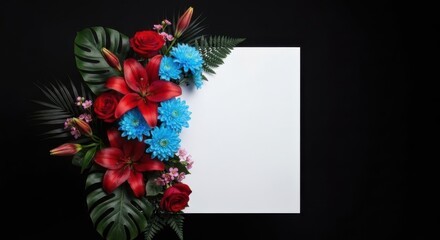 Elegant floral arrangement with vibrant red flowers and blue blossoms framing a blank white space