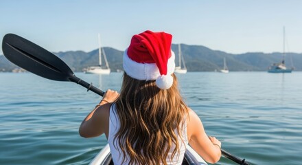 Woman in a Santa Hat Kayaking on a Calm Blue Bay. Festive Holiday Kayaking Scene with Sailboats. Serene Seascape with a Kayaker in a Santa Hat.