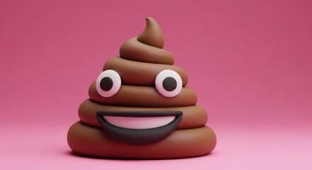 Funny poop emoji with big eyes and laughing mouth on pink background