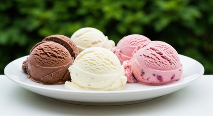 Delicious scoops of ice cream in assorted flavors served on a white plate outdoors
