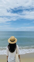 Woman with a Straw Hat and Tote Bag on a Beach. Serene Beach Day with a Woman Facing the Ocean. Expansive Seascape with a Female Figure on Shore.