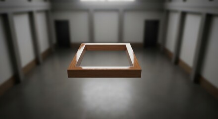 Mysterious glowing geometric structure centered in a stark empty futuristic corridor with soft ambient light