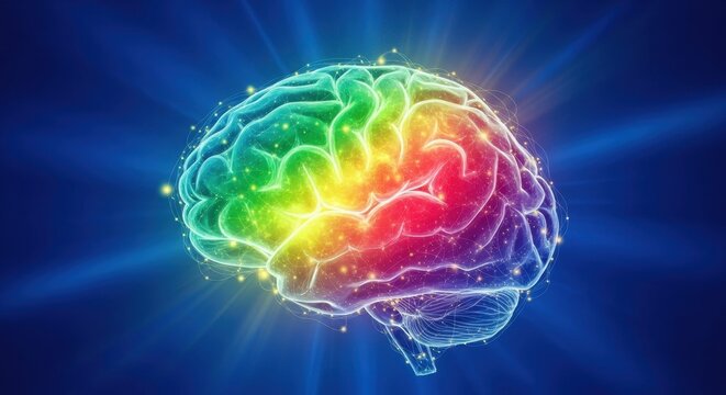 Vibrant, glowing human brain symbolizing intelligence, creativity, and neural network connections radiating energy and brilliance - Powered by Adobe