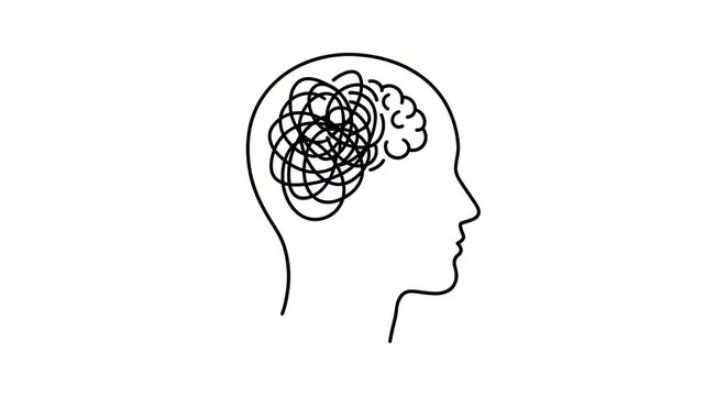 Abstract representation of a tangled mind symbolizing confusion, stress, or complex thought processes in a clean, modern line art style.
