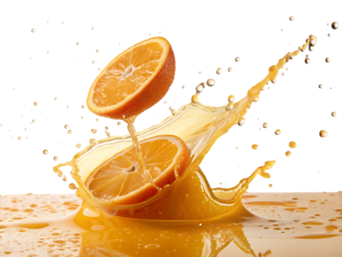 Fresh orange juice splashing with cut oranges on a black background