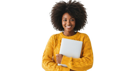 Smiling young black woman with an afro hairstyle wearing a cozy yellow knitted sweater holding a book isolated on transparent background