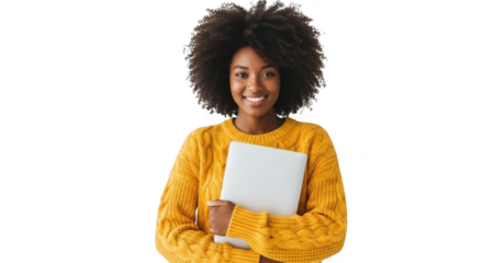 Smiling young black woman with an afro hairstyle wearing a cozy yellow knitted sweater holding a book isolated on transparent background