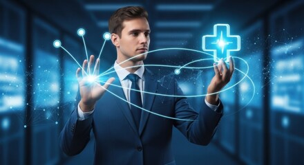 Visionary businessman orchestrates future healthcare innovation with glowing digital medical cross and data streams
