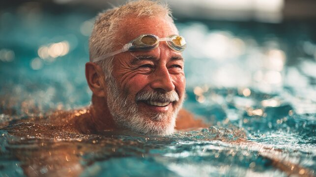 Active senior enjoying a refreshing swim, capturing the joy of staying fit and healthy in later years with a radiant, cheerful expression