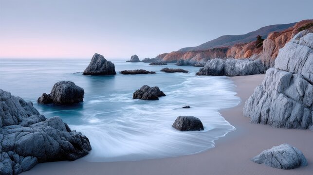 Dreamy Seascape Photo of Misty Waves Crashing on Rocky Shoreline Under Soft Blue Sky with Distant Hazy Hills and White Sand Beach