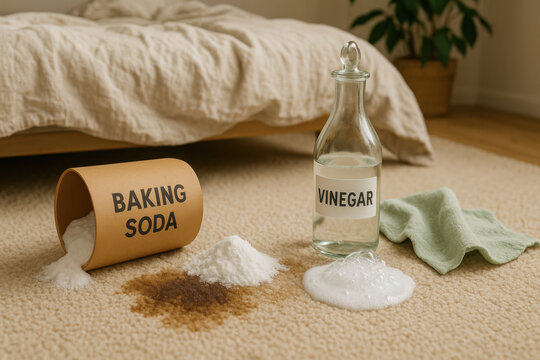 Removing deep carpet stain using baking soda and vinegar. close up on natural, eco living home remedy for cleaning pet stain from bedroom floor with simple method