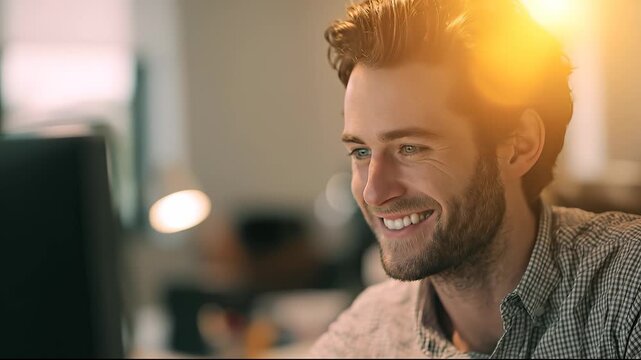 A man with curly hair focuses intently on a laptop in a bright office space. The man works diligently at his desk, fully engaged in his tasks amidst a modern environment.