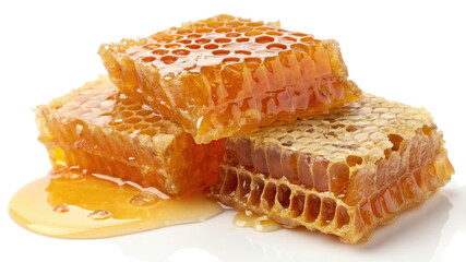 Close up of fresh honeycomb with honey dripping isolated on transparent background