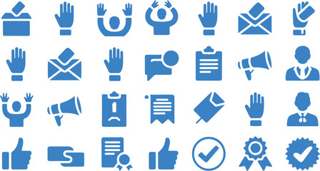 Voting and Election Silhouette Icon Set – Democratic Processes, Civic Participation, Ballot Boxes, Candidates, Debates, Voter Engagement, Checkmark, Vector Icons