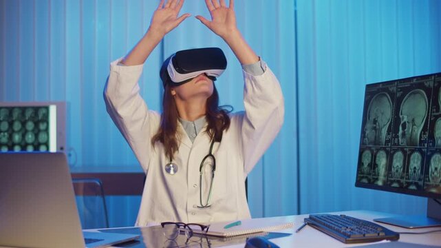 Medical Professional in White Coat With Stethoscope Interacting With Augmented Reality Brain Models. Concept of AR Diagnostics, Advanced Patient Care, and Innovative Medical Technology.