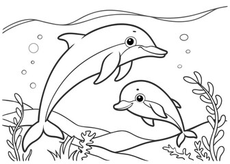 Fototapeta premium Kids Coloring Page – Mother Dolphin Swimming Underwater with Her Baby