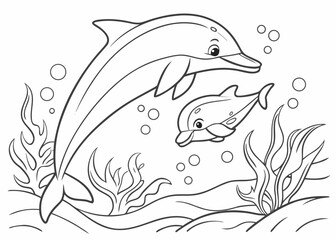 Fototapeta premium Kids Coloring Page – Mother Dolphin Swimming Underwater with Her Baby