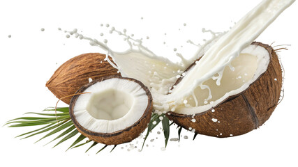 Coconut halves with milk splash isolated on transparent background, healthy ingredient