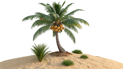Coconut palm tree with coconuts on a sandy hill isolated on transparent background