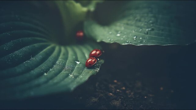 Ladybugs on leaf with water droplets macro nature beauty and detail
