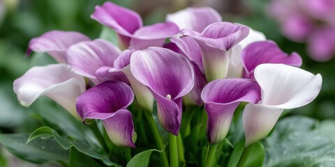 Fototapeta premium Vibrant purple and white calla lilies in bloom