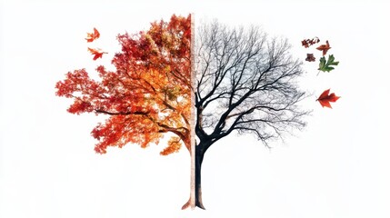 Half autumn half winter tree with colorful leaves and bare branches transition