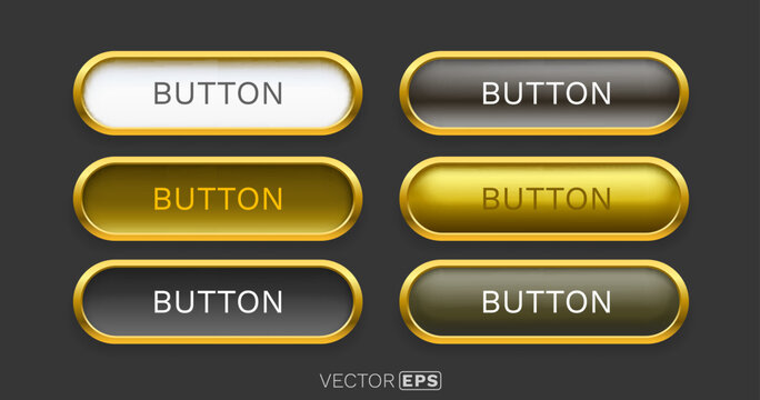 Glossy web buttons set with golden frames on a dark background. Various elegant call to action UI vector elements.