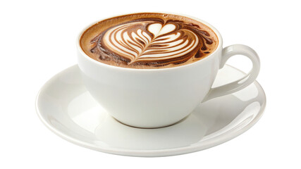 Cup of cappuccino with heart shaped latte art isolated on transparent background
