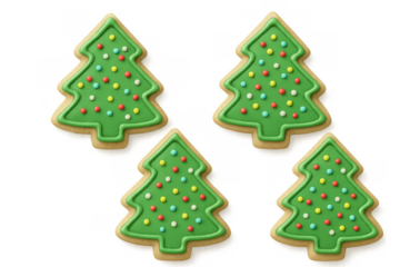 Christmas tree sugar cookies with green icing and colorful sprinkles, festive baked holiday dessert on transparent background