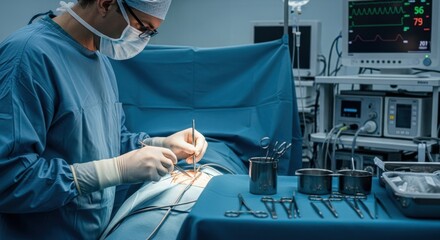 Surgeon performing delicate operation in modern operating room with medical equipment and vital signs monitor, focused care