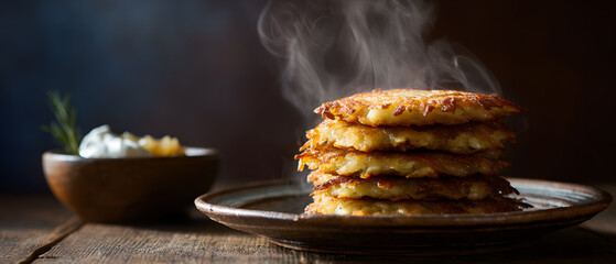 golden brown potato latkes on a ceramic plate on a rustic table