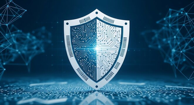 Advanced cyber security shield with digital circuit board pattern, symbolizing robust data protection and network defense in a modern technological era