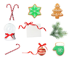 Christmas candy canes, cookies and festive decor isolated on white, set