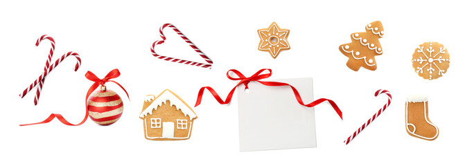 Christmas candy canes, cookies, blank greeting card and festive ball isolated on white, set