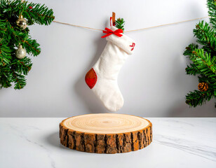 podium from wood with christmas decoration room 