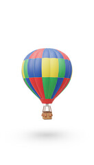 Obraz premium A vibrant hot air balloon floats gracefully against a white background, showcasing its colorful patchwork design.