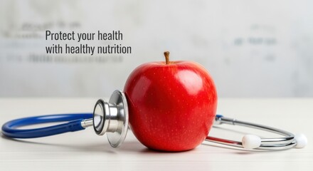 Healthy eating concept with vibrant red apple and stethoscope promoting wellness, nutrition, and healthcare benefits