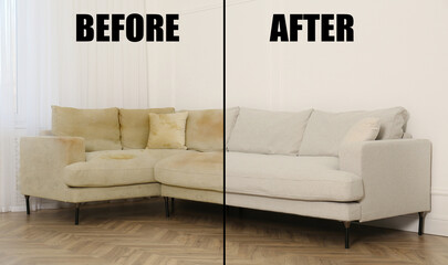 Sofa before and after dry-cleaning. Furniture near beige wall, collage