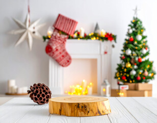 podium from wood with christmas decoration room 